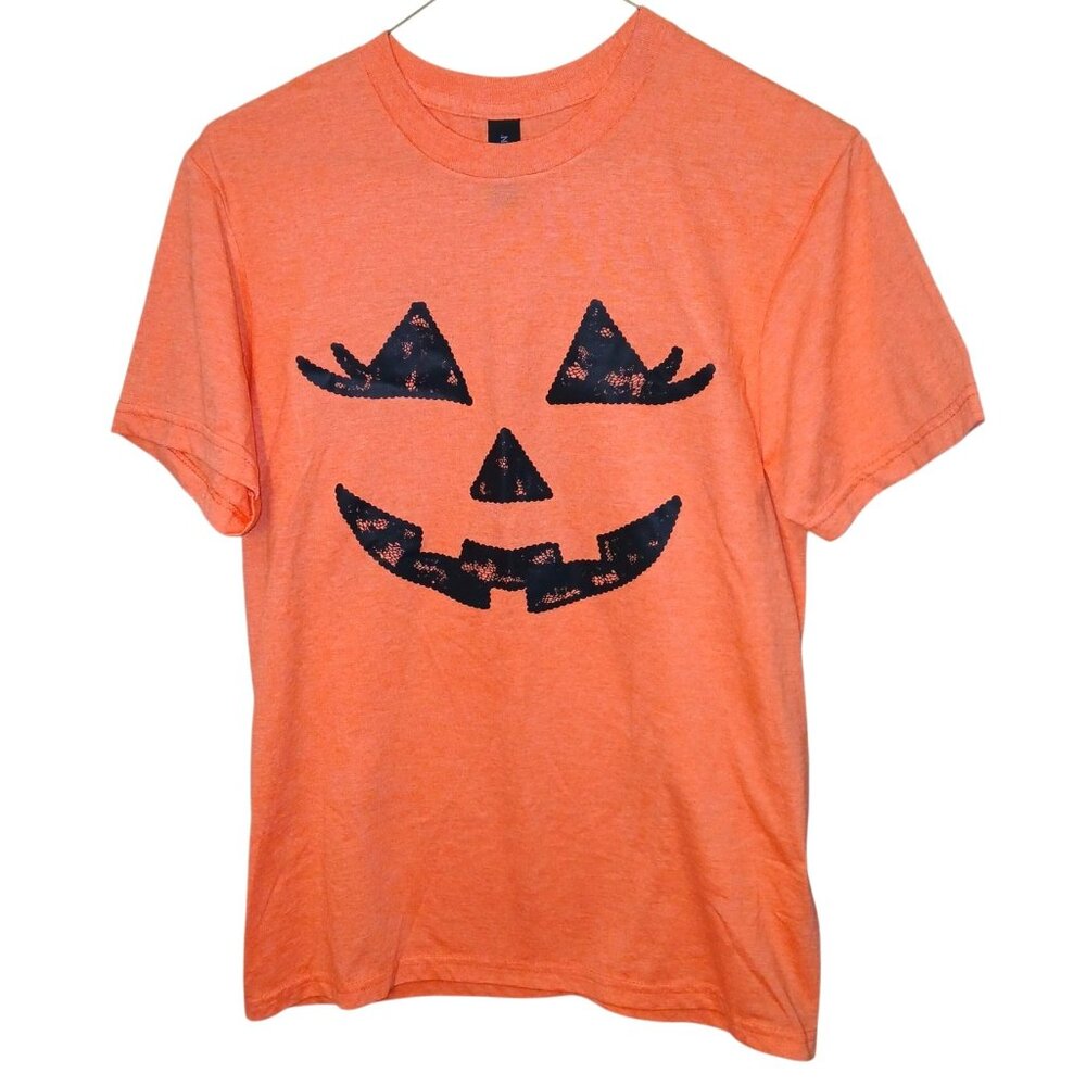 Gildan Women's Size Small Shirt Orange Black Lace Girl Jack O Lantern S/S Top